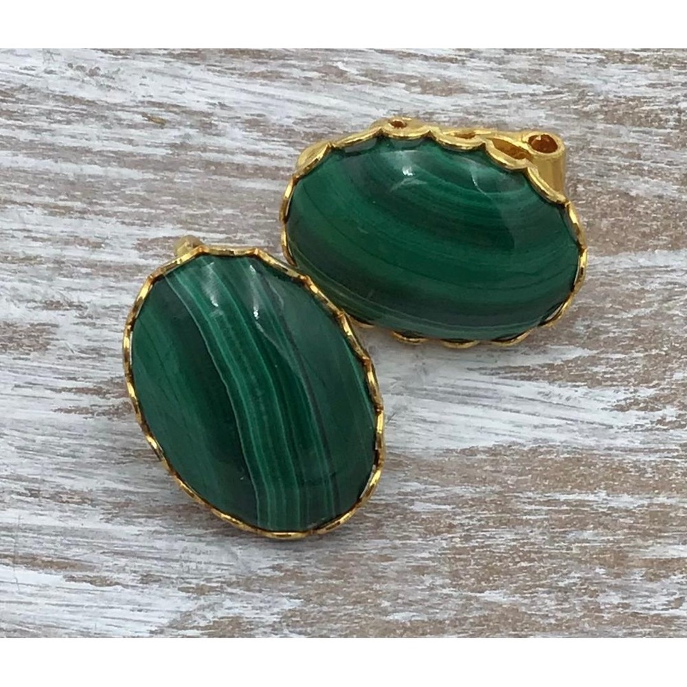 VTG Gold Tone Green Faux Malachite Oval Scalloped Clip On Earrings Retro Revival